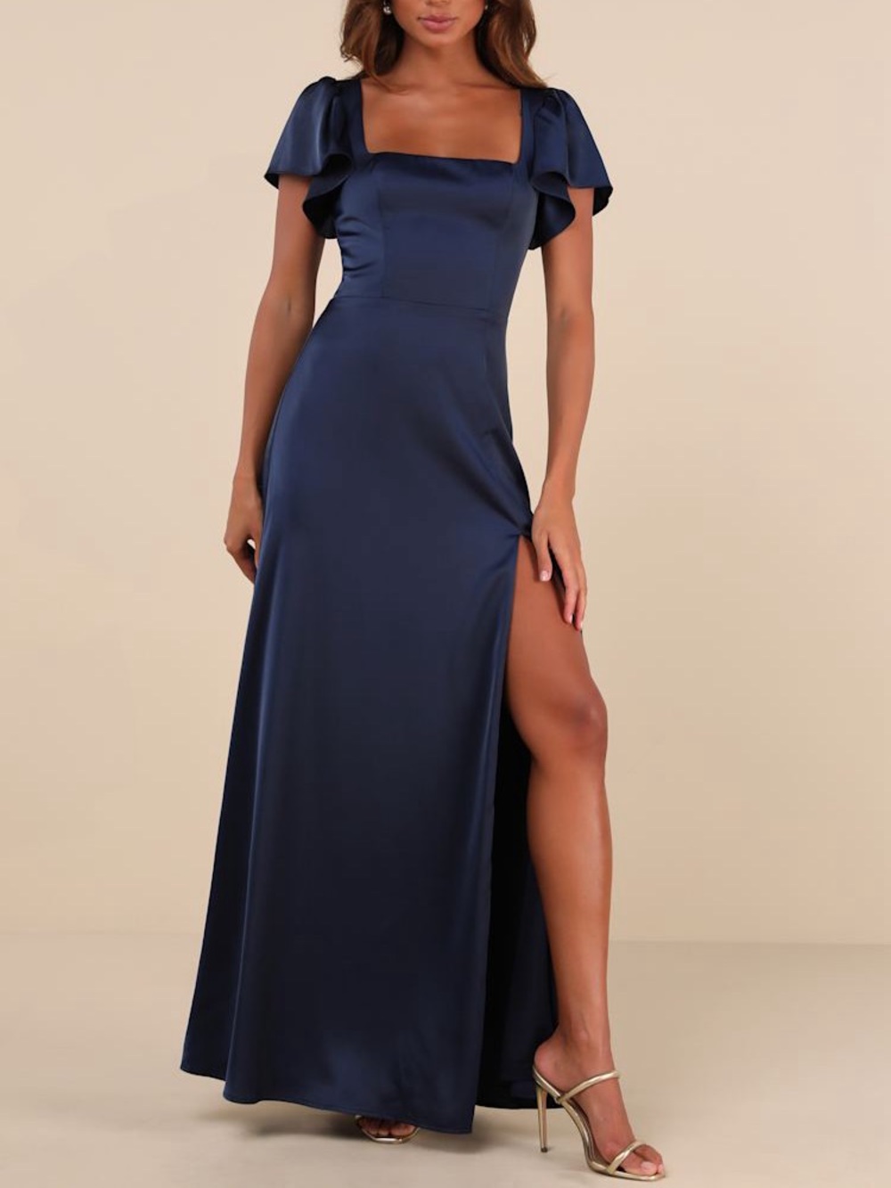 Lulus Ultimate Sweetness Navy Blue Satin Flutter Sleeve Maxi Dress Size L NWT